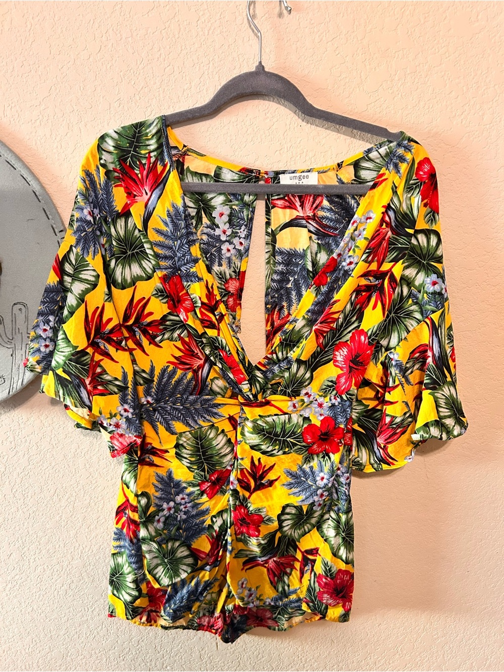 Umgee Yellow Tropical Floral V-Neck Romper with Red & Green Accents